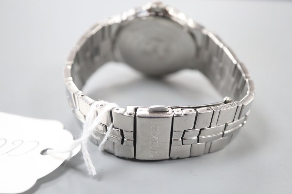 A gentlemans modern stainless steel Citizen Eco-Drive wrist watch, no box or papers.